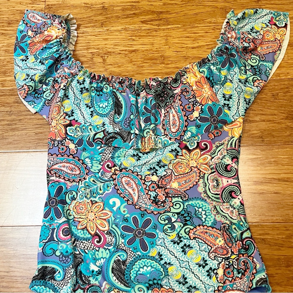 Bleu Rod Beattie Colorful Floral Paisley Ruffle Teal Blue One-Piece Swimsuit. 10 - Picture 8 of 14